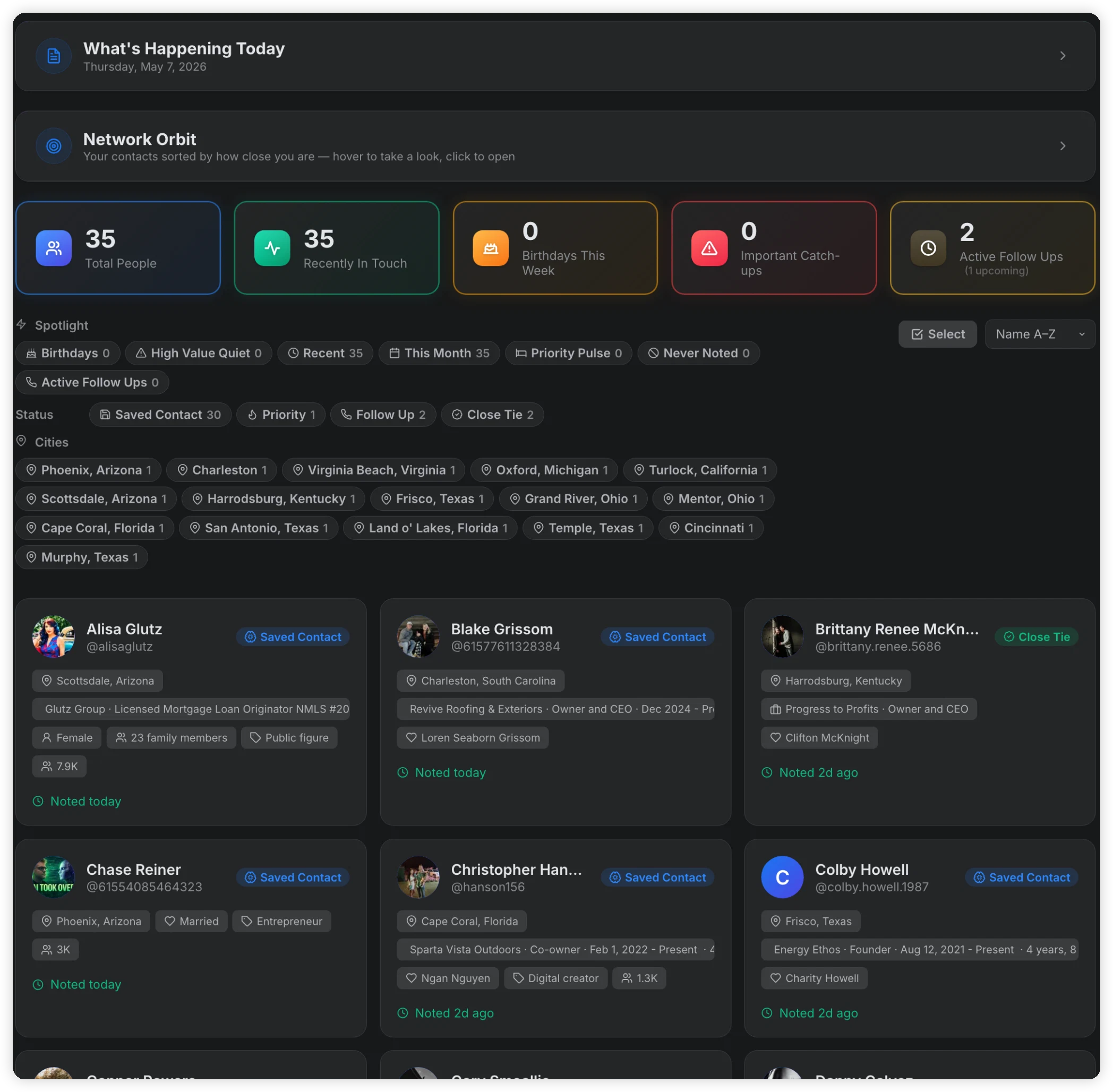 Rolonote Memory Vault grid showing saved contacts and relationship status