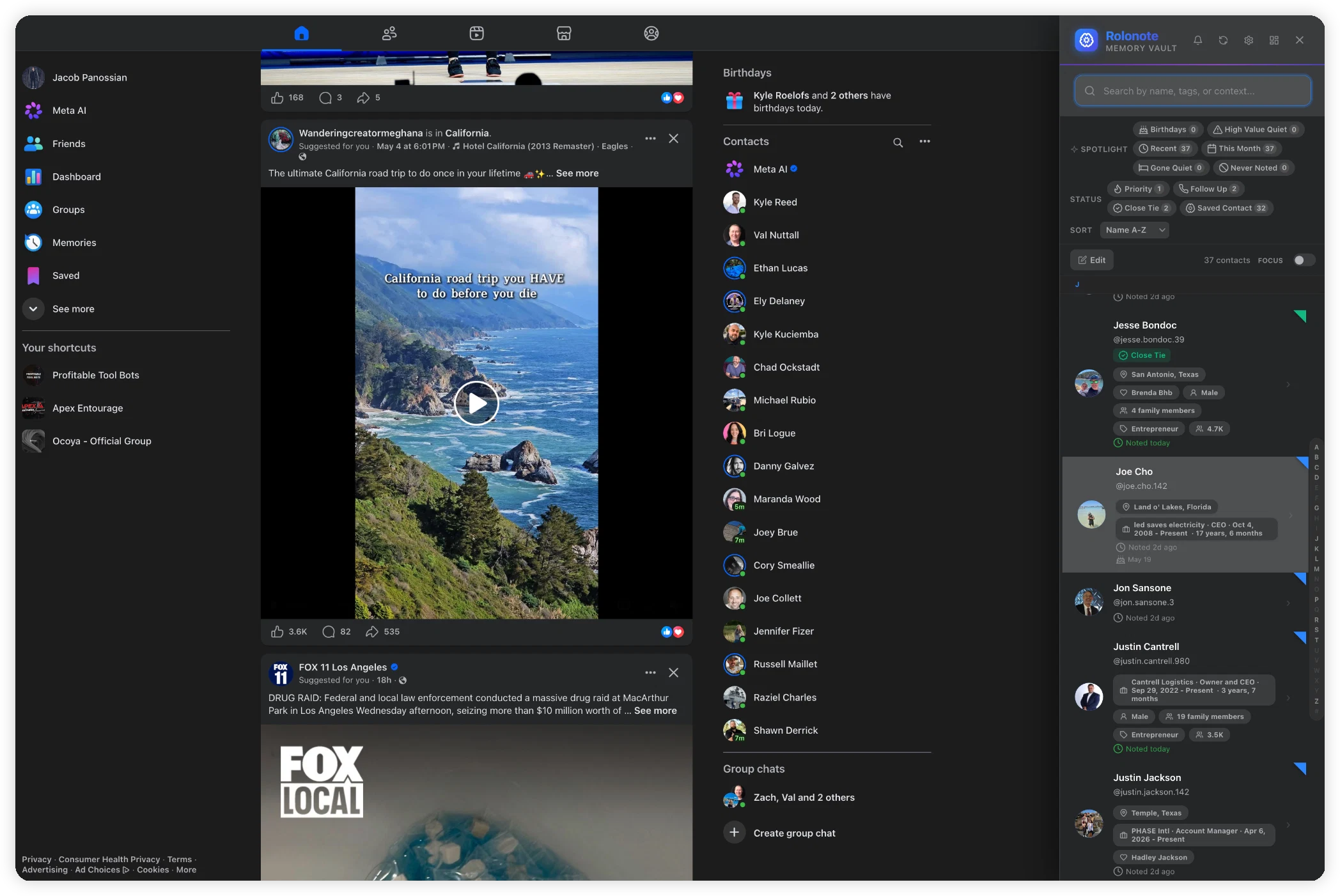 Rolonote sidebar open while browsing the Facebook feed
