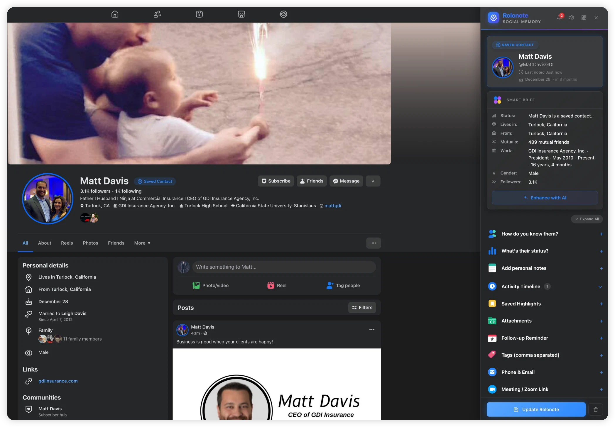 Rolonote sidebar with smart brief and saved contact context beside a Facebook profile