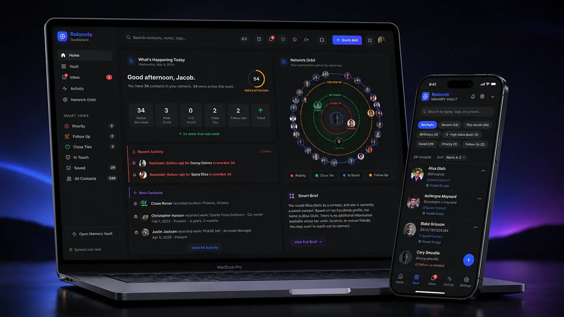 Rolonote dashboard and mobile memory vault shown across laptop and phone