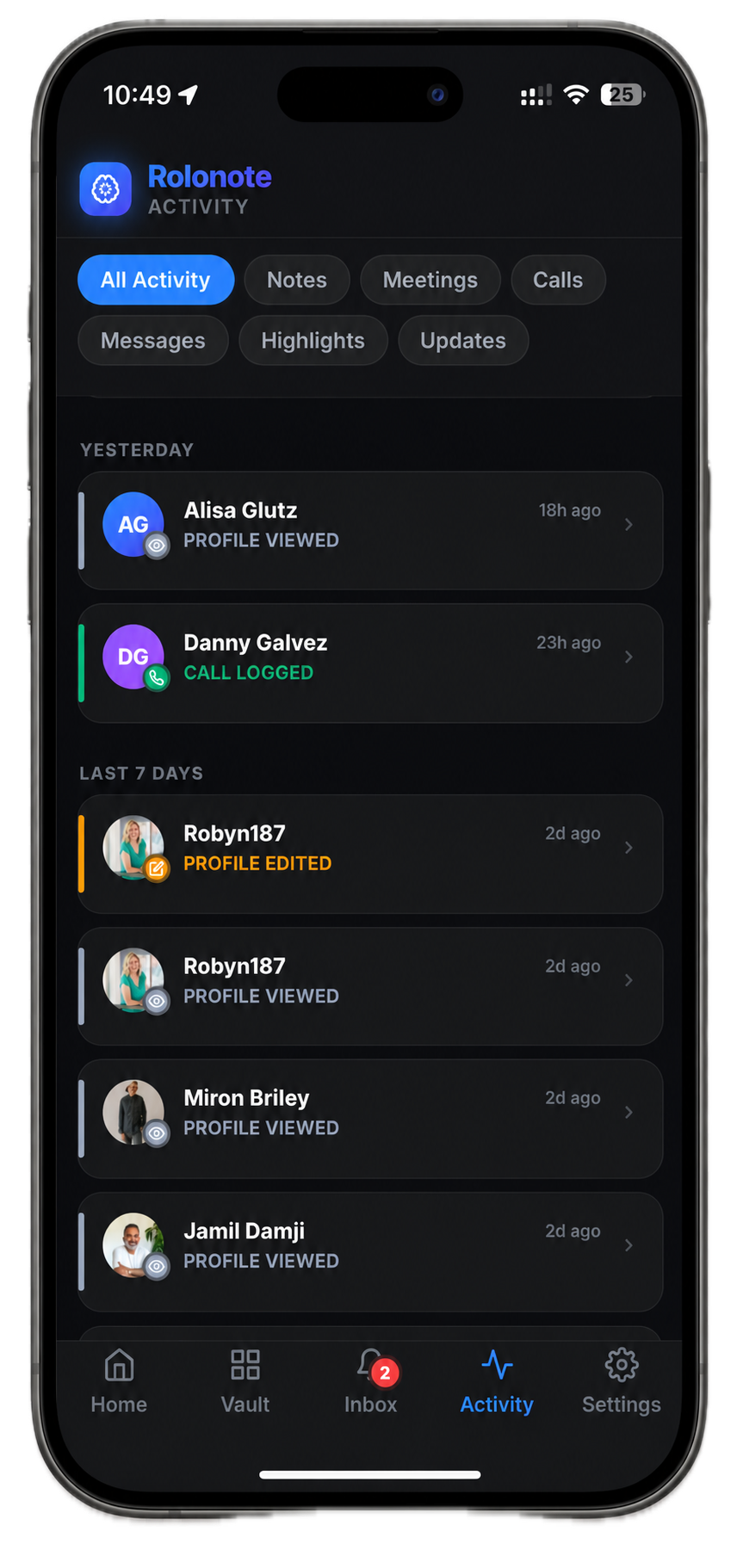 Rolonote mobile activity timeline screen