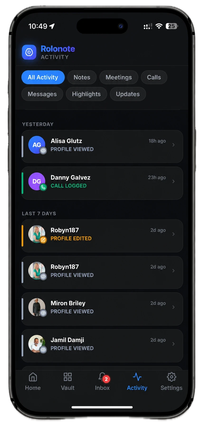 Rolonote mobile activity timeline screen
