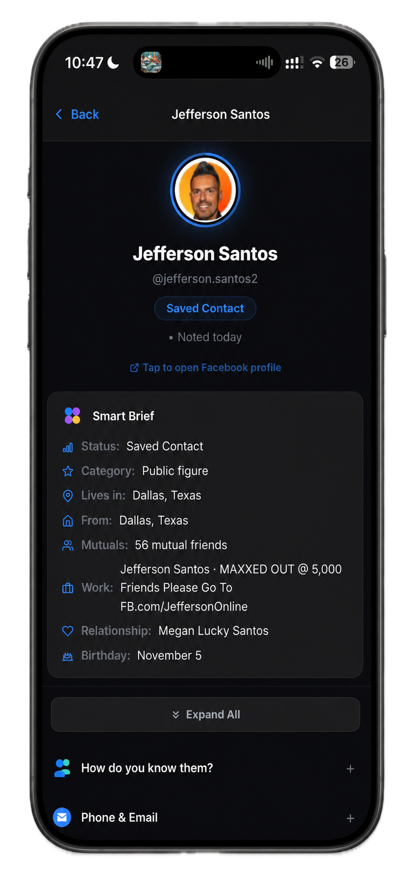 Rolonote mobile contact details screen