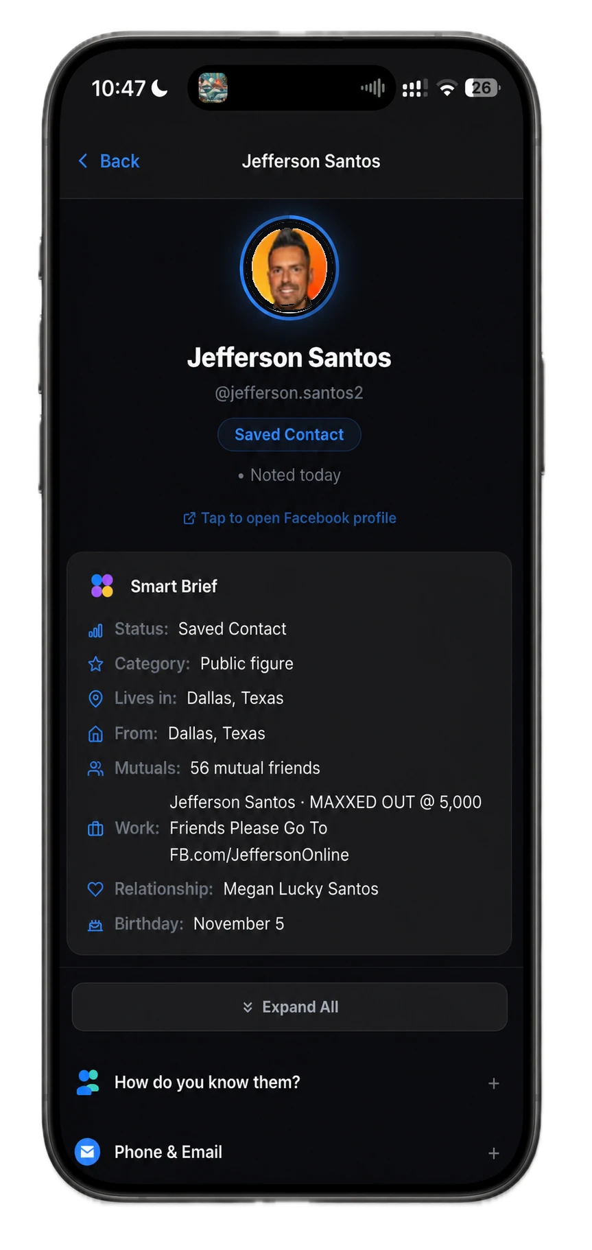 Rolonote mobile contact details screen