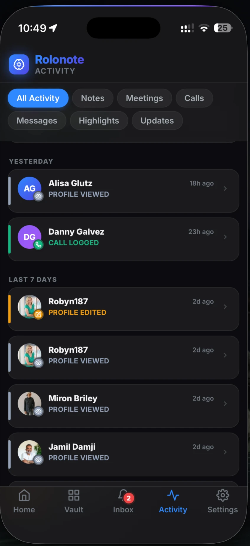 Rolonote mobile activity screen
