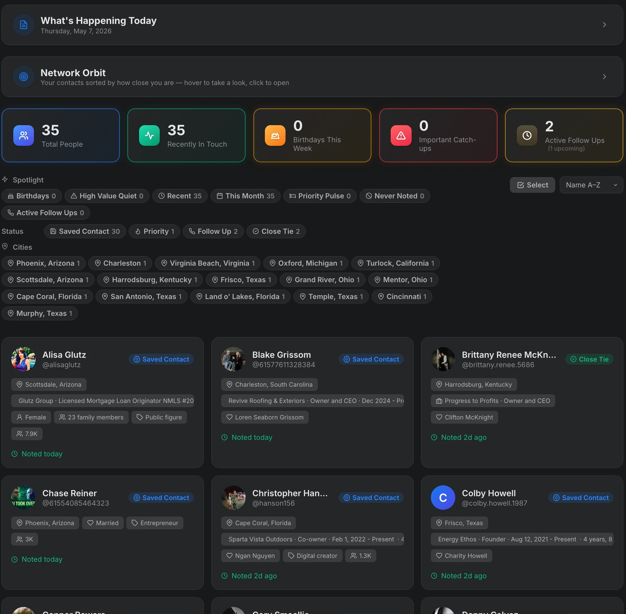 Rolonote Social Memory grid showing saved contacts and relationship status