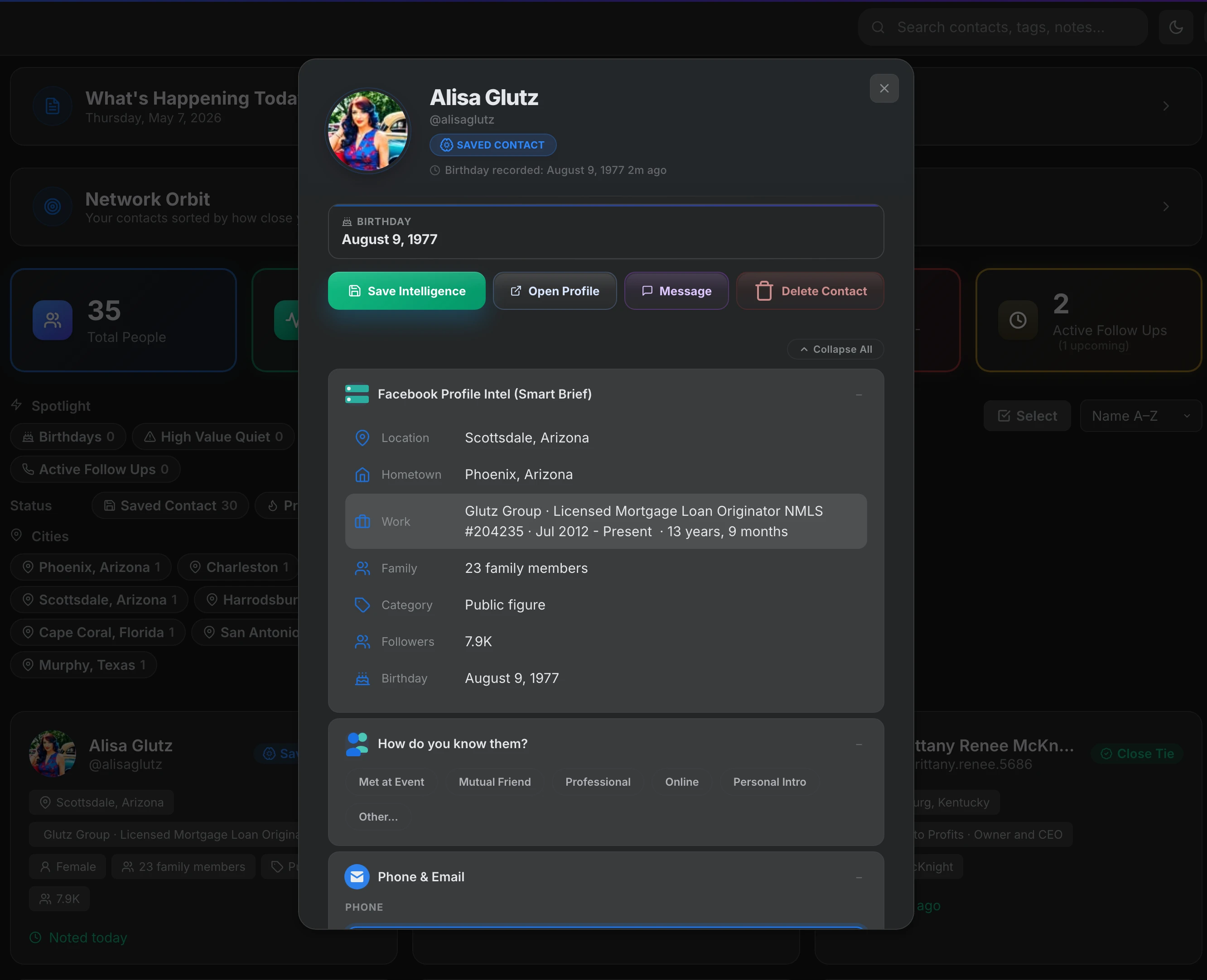 Rolonote dashboard contact card