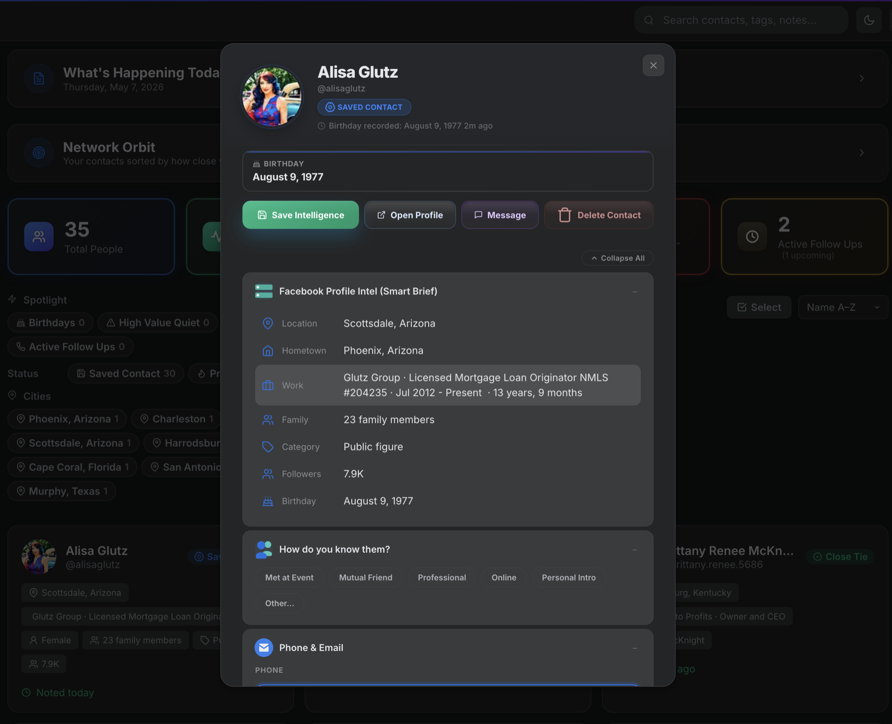 Rolonote dashboard contact card