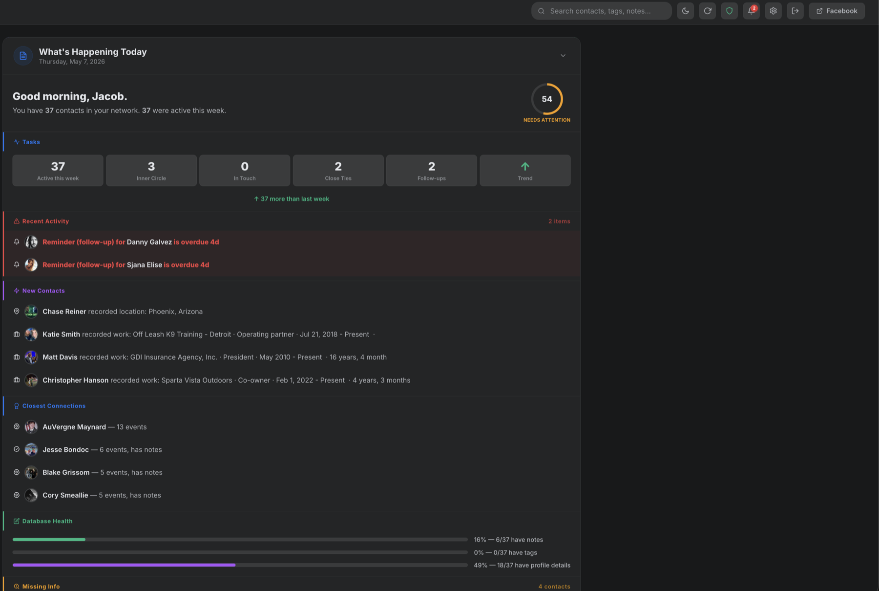 Rolonote dashboard showing what is happening today