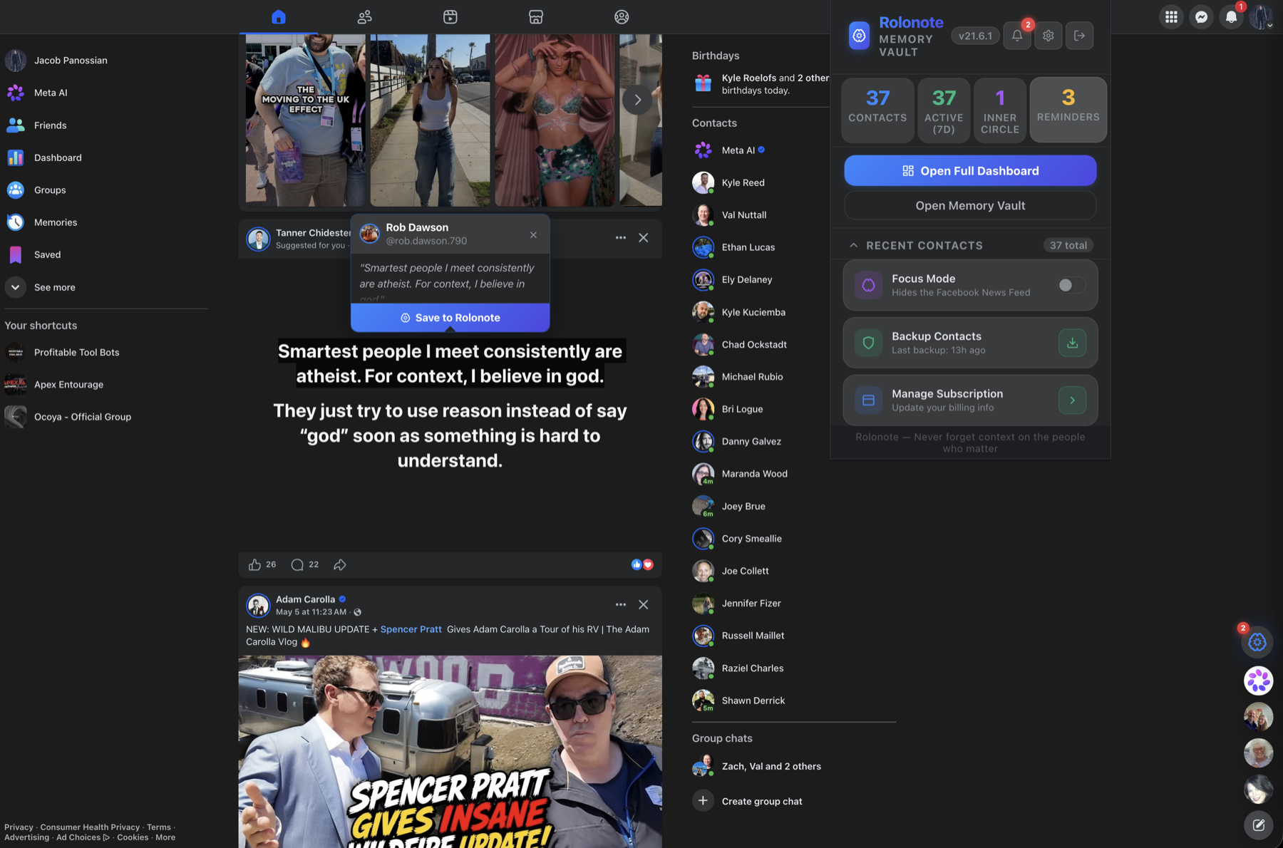 Rolonote save workflow and highlighted context on Facebook