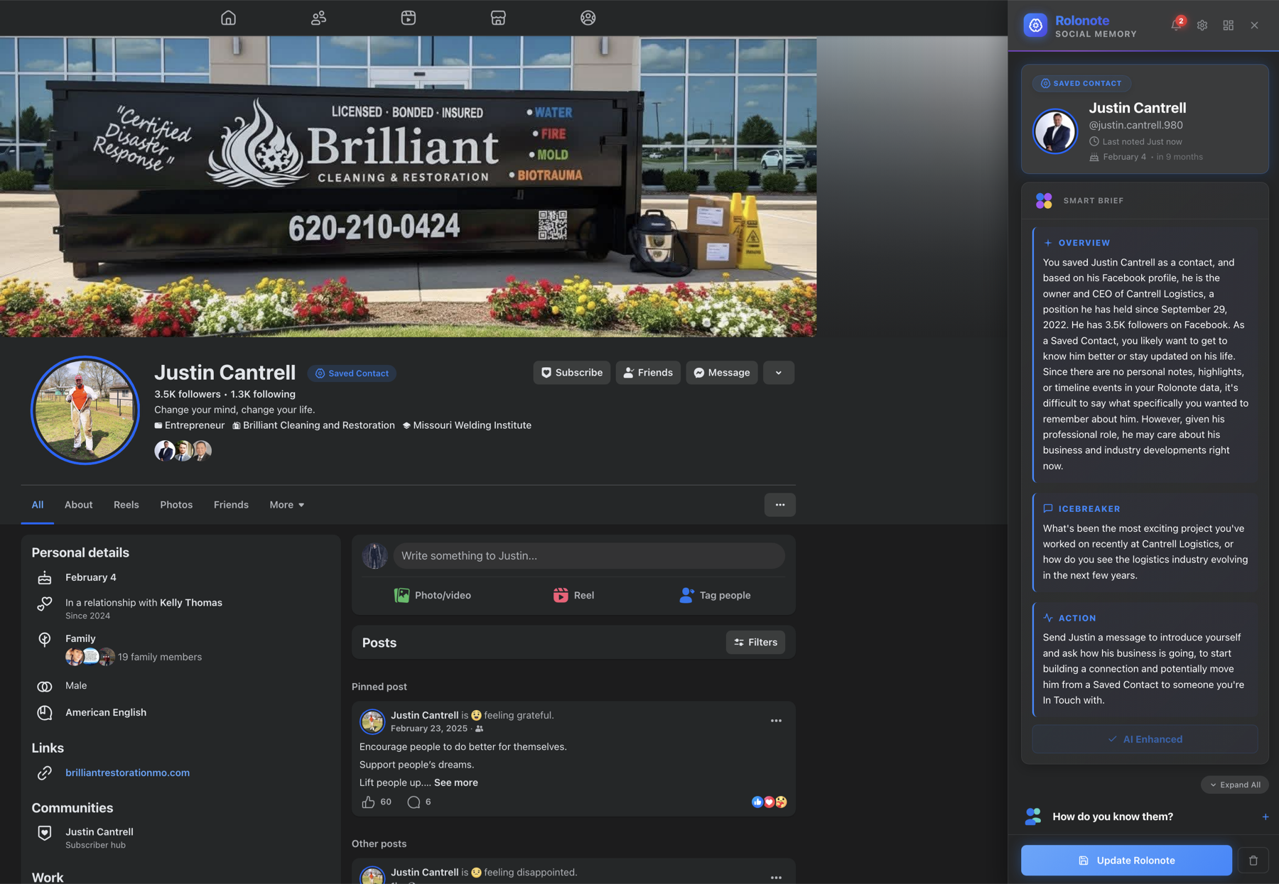 Rolonote Smart Brief visible on a Facebook profile