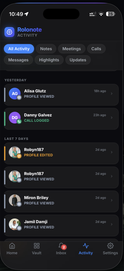 Rolonote mobile activity screen