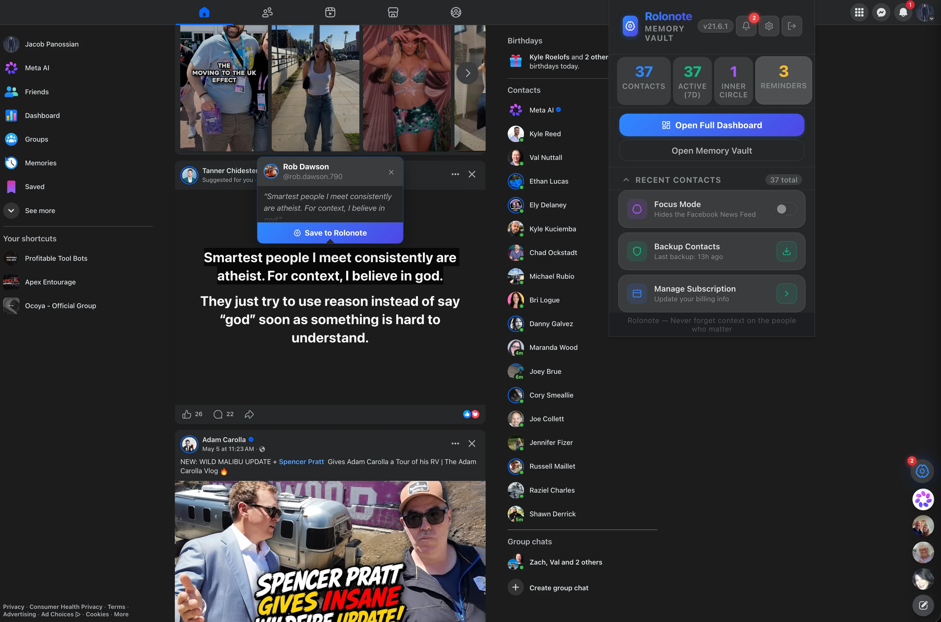 Rolonote save workflow and highlighted context on Facebook