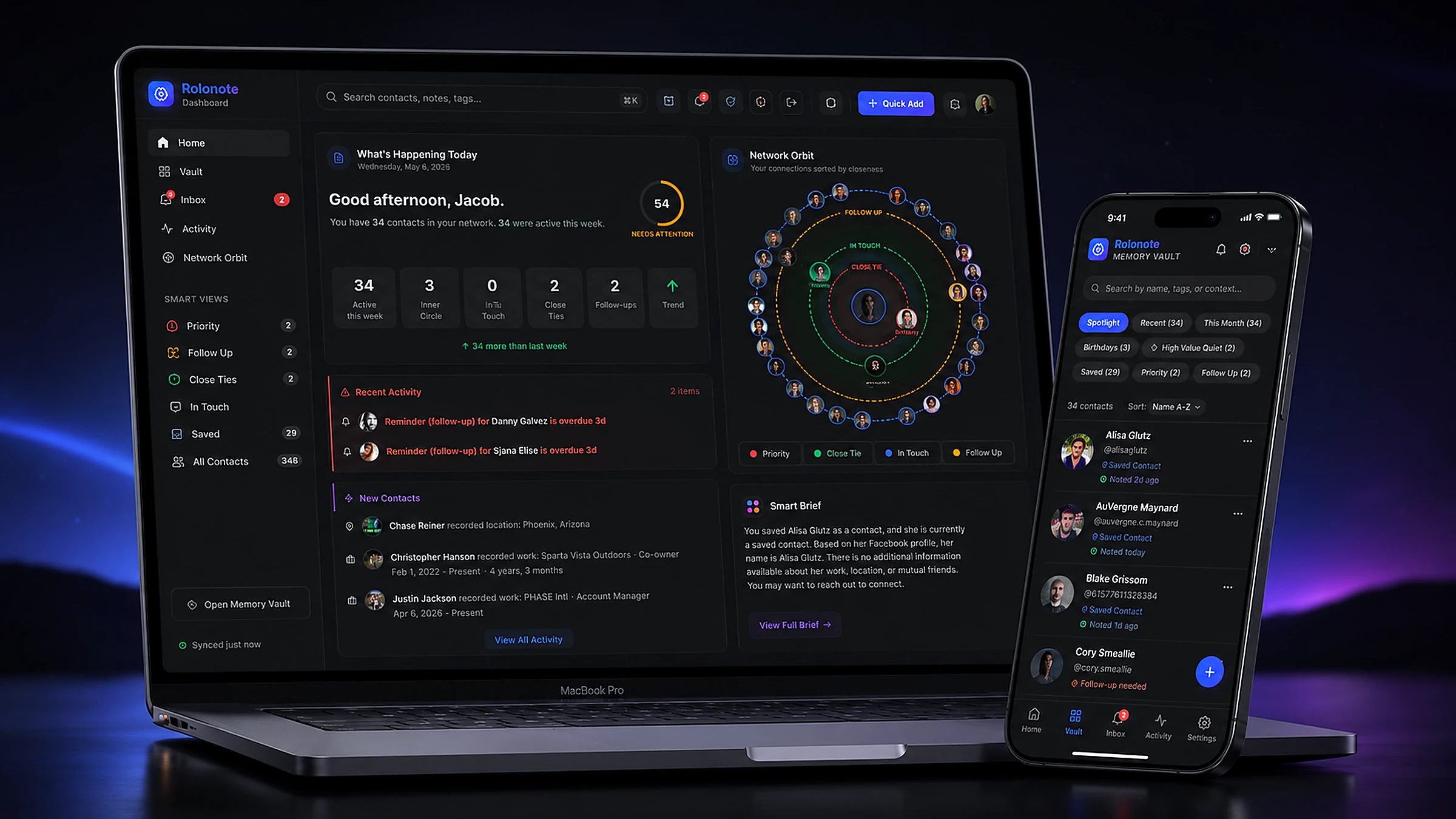 Rolonote dashboard and mobile app shown on laptop and phone