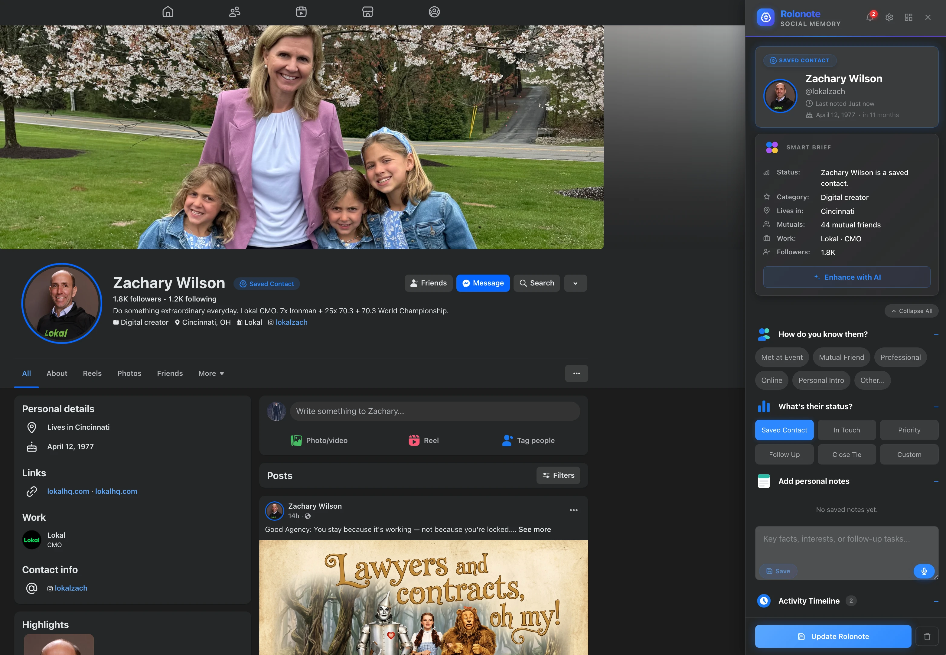 Rolonote sidebar open while browsing social feeds