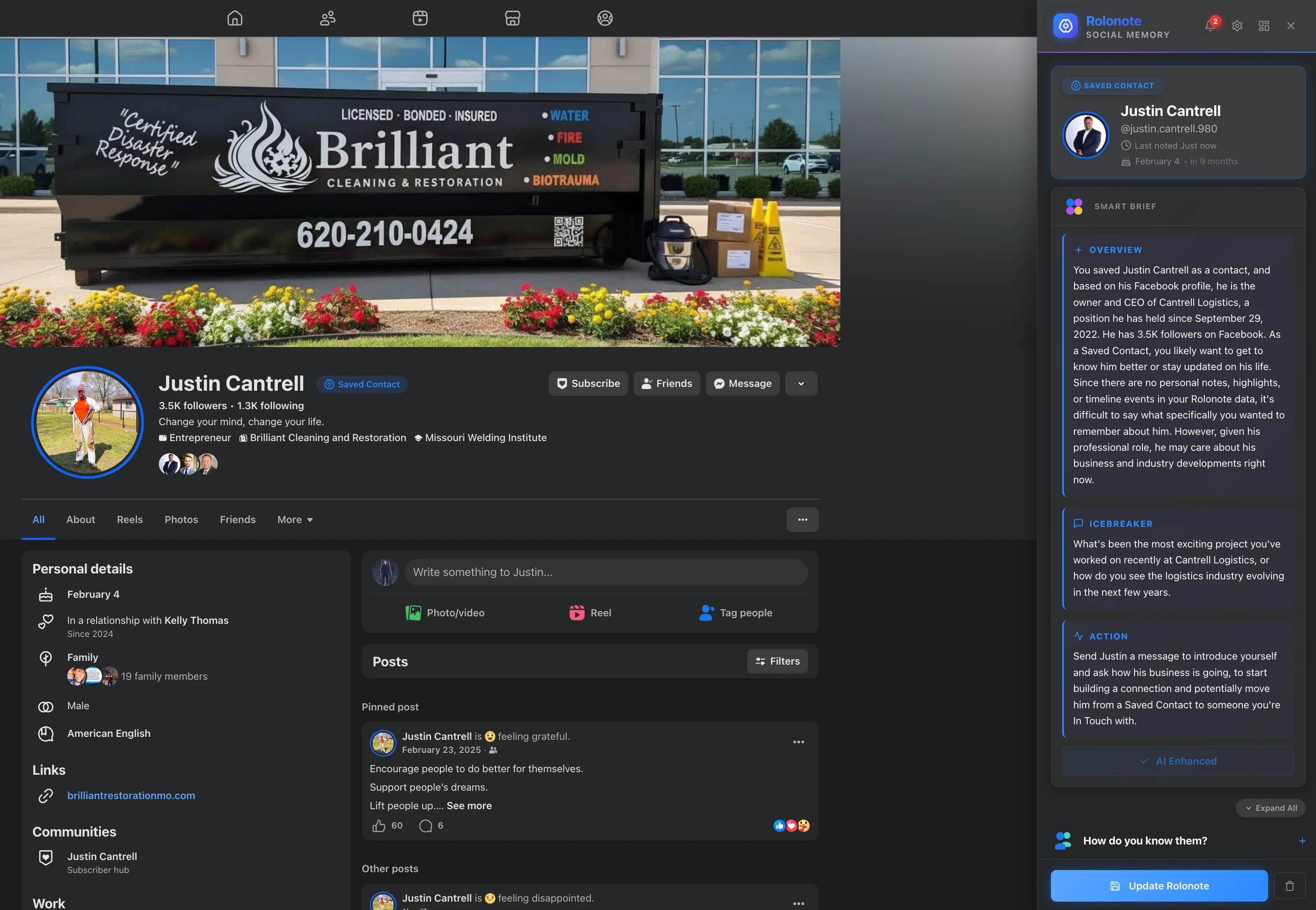 Rolonote Smart Brief visible on a Facebook profile