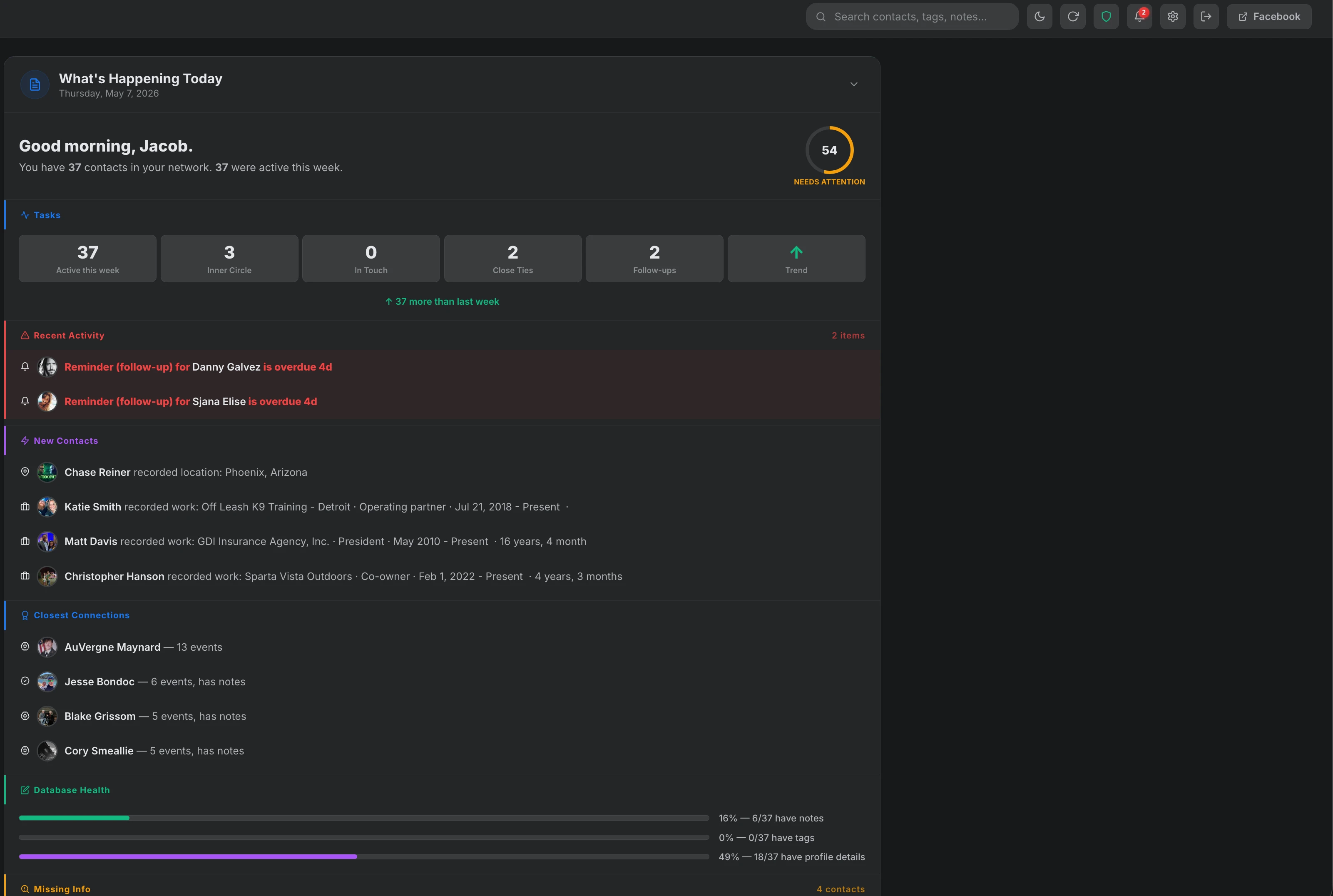 Rolonote dashboard showing what is happening today
